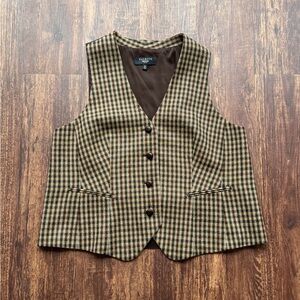 Talbots Women’s Brown Plaid Houndstooth Wool Vest Dark Academia Preppy- Size 16P